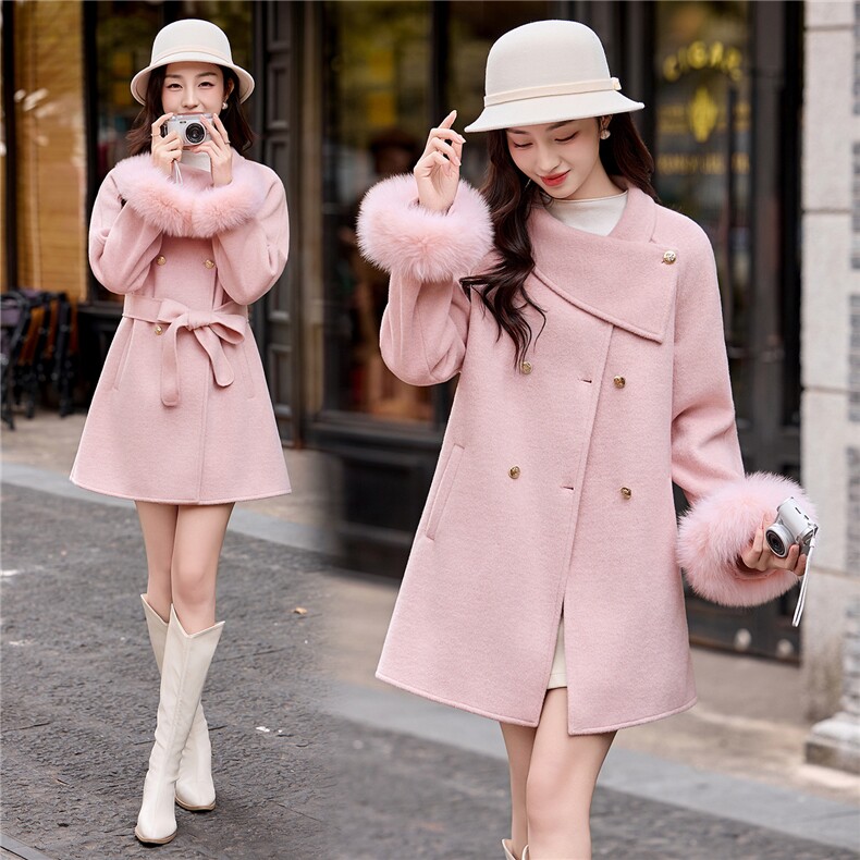 现货主推新款简约时尚休闲气质保暖真狐狸袖毛双面呢大衣送腰带，女装双面呢大衣，韩美纤衣