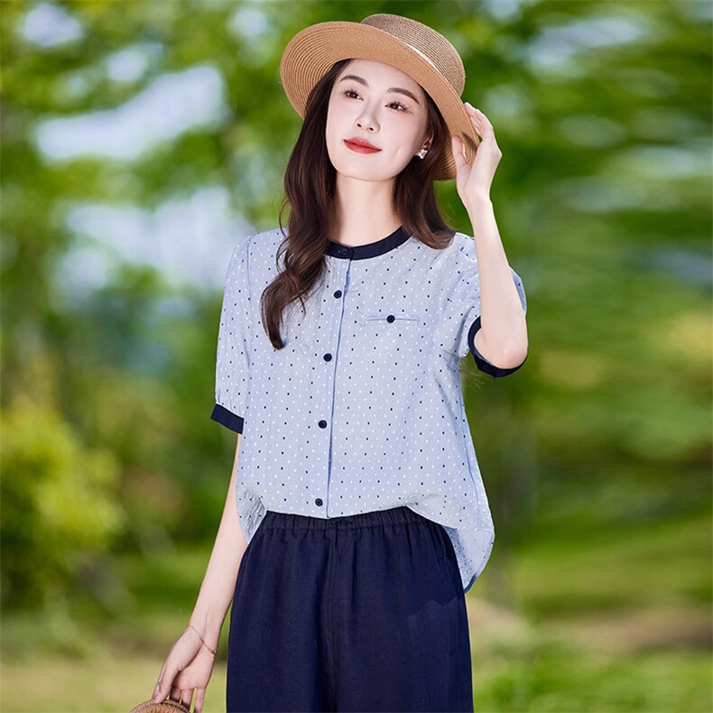 法式复古波点短袖衬衫女2025夏季新款宽松显瘦百搭圆领小衫上衣潮，女装衬衫，靓衣阁