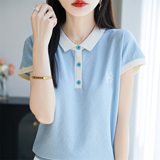 夏季新款POLO领短袖女宽松半袖背心拼色T恤上衣休闲外搭简约显瘦，女装T恤，皓宇羊绒