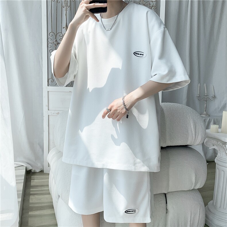 TZ65556/P40华夫格夏季宽松贴标套装男T恤短裤两件套大码港风控78图片