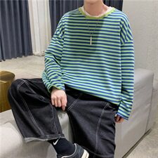 910A-T27-P25控38秋装条纹长袖T恤男女韩版宽松大码情侣打底衫潮，男装T恤，星座910A