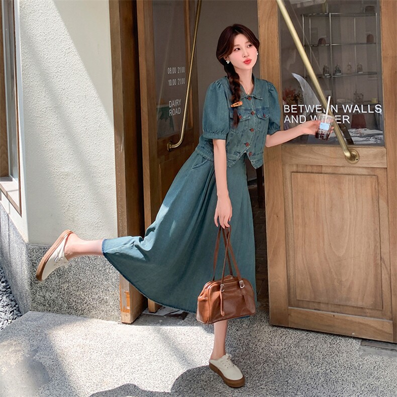 减龄气质短袖衬衫牛仔套装女2025年夏季新款韩版裙子外套两件套,女装套装/套裙,小九月