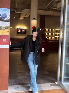 【冷晶醋酸】朗复古法式微喇高腰裤子女新款气质牛仔裤图片