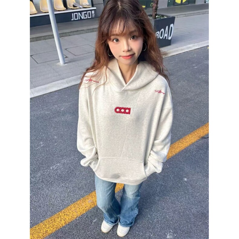 5351-P50原版刺绣袖窿口袋压线后包领情侣风连帽卫衣3色,女装卫衣/绒衫,星座617A-2