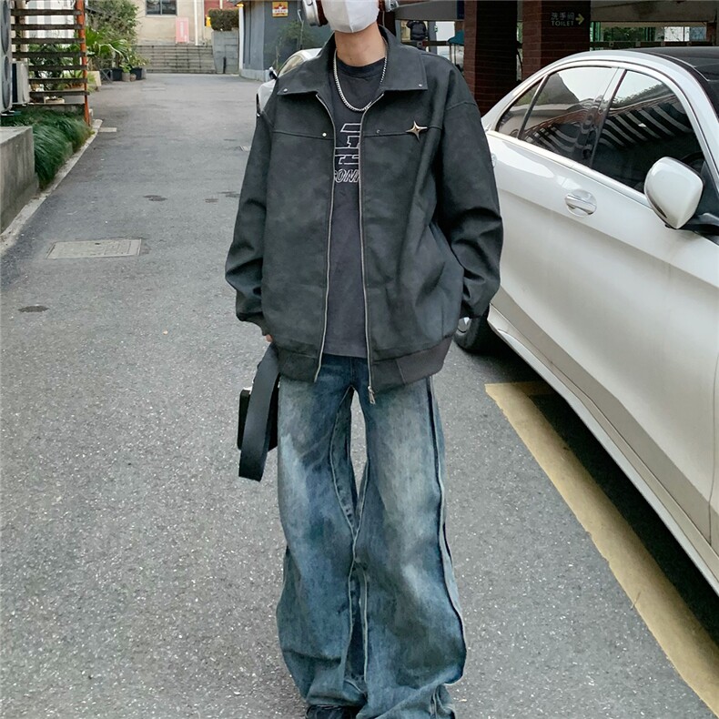 2025秋冬装做旧面料金属别针PU皮衣夹克外套PY777/特P60黑灰2,男装夹克,电商A094