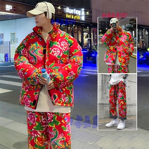H203大花棉袄加绒裤套装新中式汉服男女表演出保暖防寒棉衣棉服潮图片