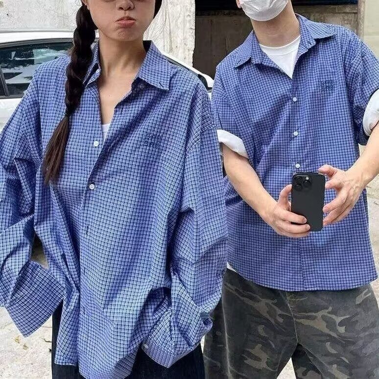 港风春秋款男女格子衬衫刺绣情侣款衬衣cs3034 P33图片
