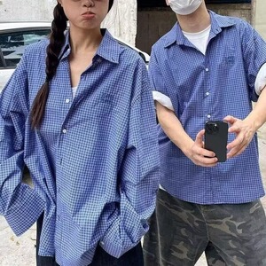 港风春秋款男女格子衬衫刺绣情侣款衬衣cs3034 P33图片