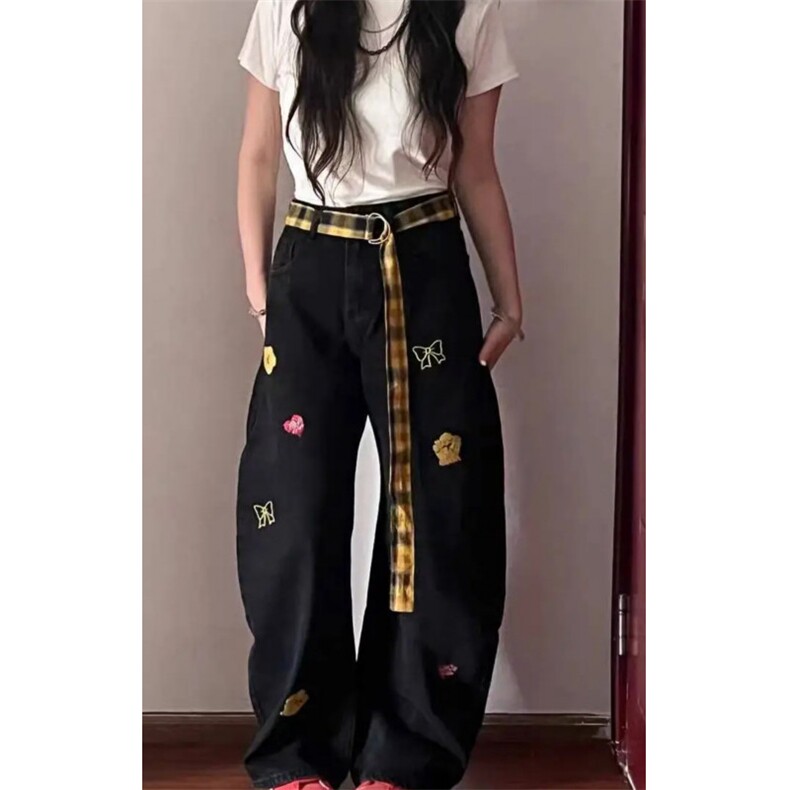 配腰带~刺绣设计感卡通牛仔裤男女2025情侣款宽松直筒休闲裤N8444,男装牛仔裤,星座601-1