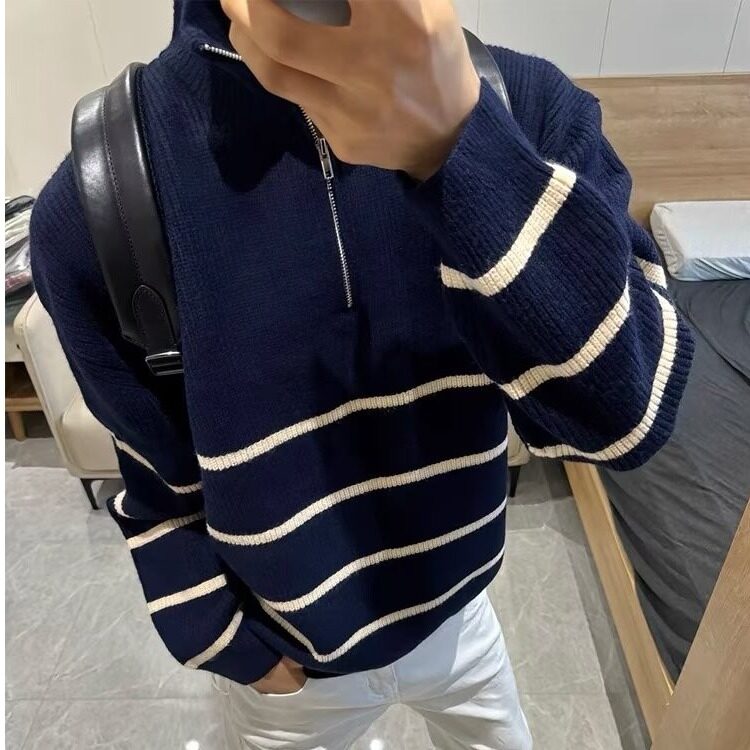 【有货】D3117-P55加厚半拉链条纹毛衣男秋冬慵懒宽松针织衫男,男装针织衫/毛衣,星座603-2