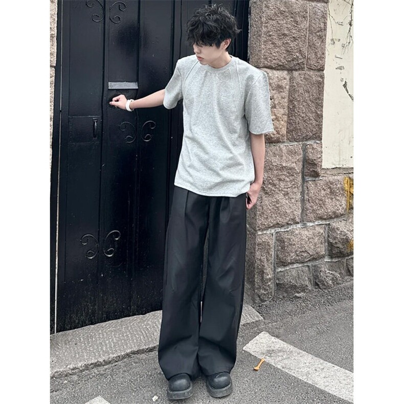 灰色重磅拼接正肩短袖男款美式复古boxy短宽t恤cleanfit潮牌半袖,男装T恤,星座1007（原301D）