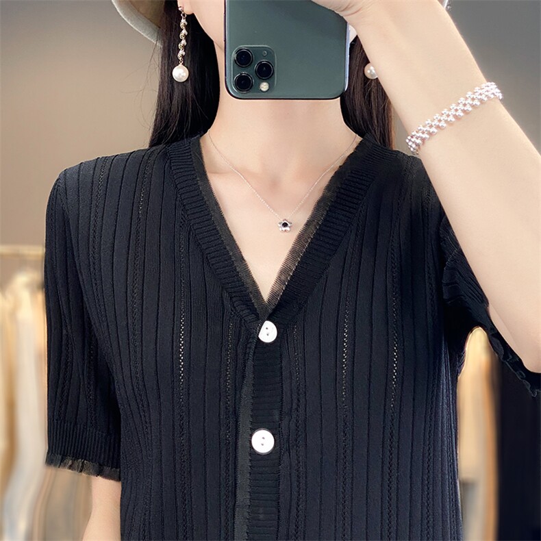 蕾丝开衫短袖t恤女夏季2025新款打底衫洋气女装冰丝针织上衣,针织衫/毛衣,思牵羊绒