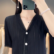 蕾丝开衫短袖t恤女夏季2025新款打底衫洋气女装冰丝针织上衣，女装针织衫/毛衣，思牵羊绒