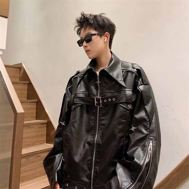 美式复古高街白色皮衣外套男春秋款潮牌小众高级感短款机车服夹克,男装夹克,星座410-7