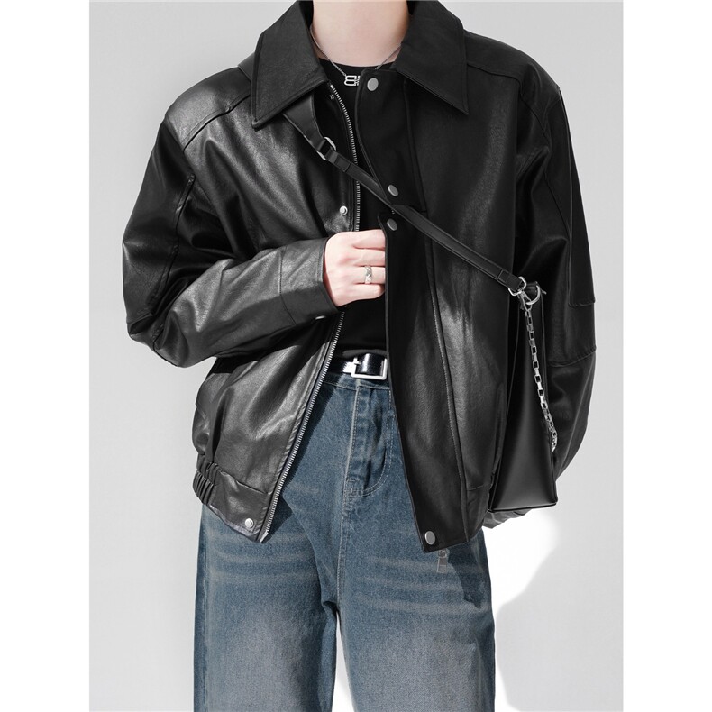 痞帅Pu皮衣小众设计感潮牌双拉链垫肩皮夹克男机车服秋冬外套网图，男装皮衣，星座302B-2