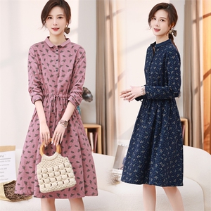 现货春秋2025新款系带抽绳收腰显瘦中长款女减龄连衣裙小翻领裙子