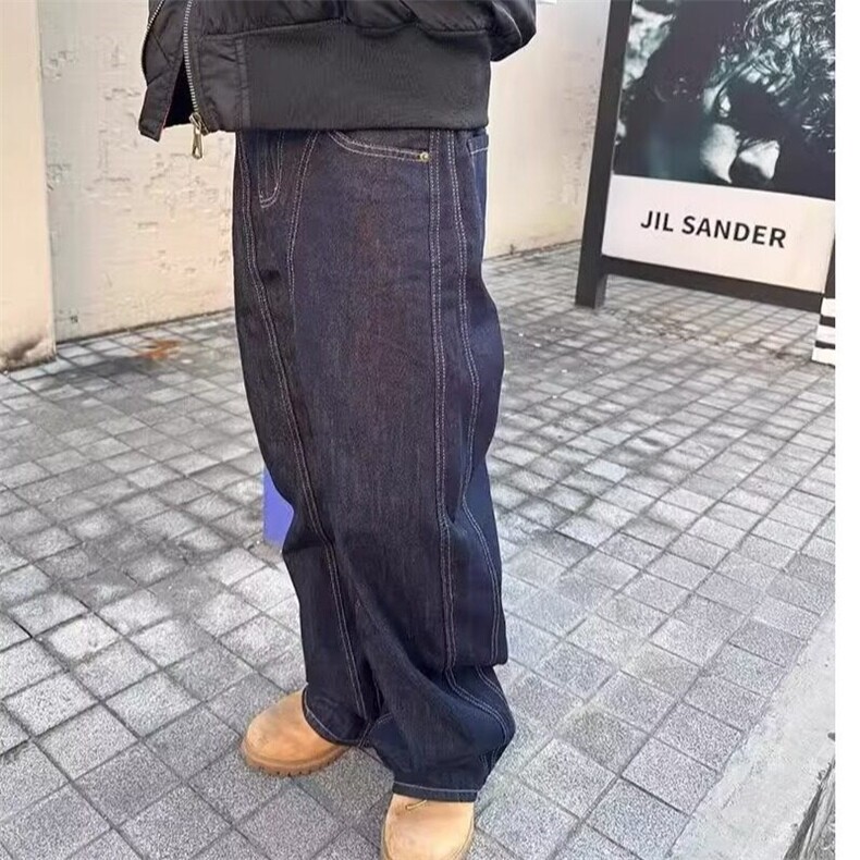 美式复古丹宁蓝阔腿弯刀牛仔裤男解构宽松直筒宽松休闲长裤子潮牌,男装牛仔裤,星座506A