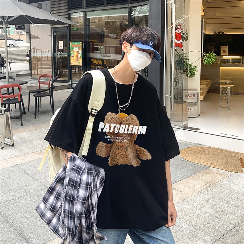 B239-D915-P28港风夏季落肩袖短袖t恤男卡通小熊印花体恤上衣,男装T恤,星座514-2(原B239)