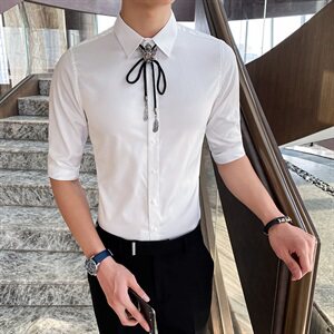 送配饰2021夏季发型师七分袖衬衫男中袖衬衣A470-CS26,男生藏蓝色毛呢大衣搭配图片