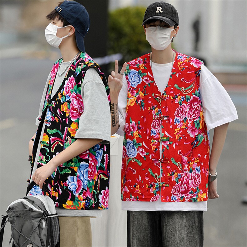 MJ03大花休闲口袋风盘扣马甲大码花坎肩团队服喜庆婚礼服潮男图片