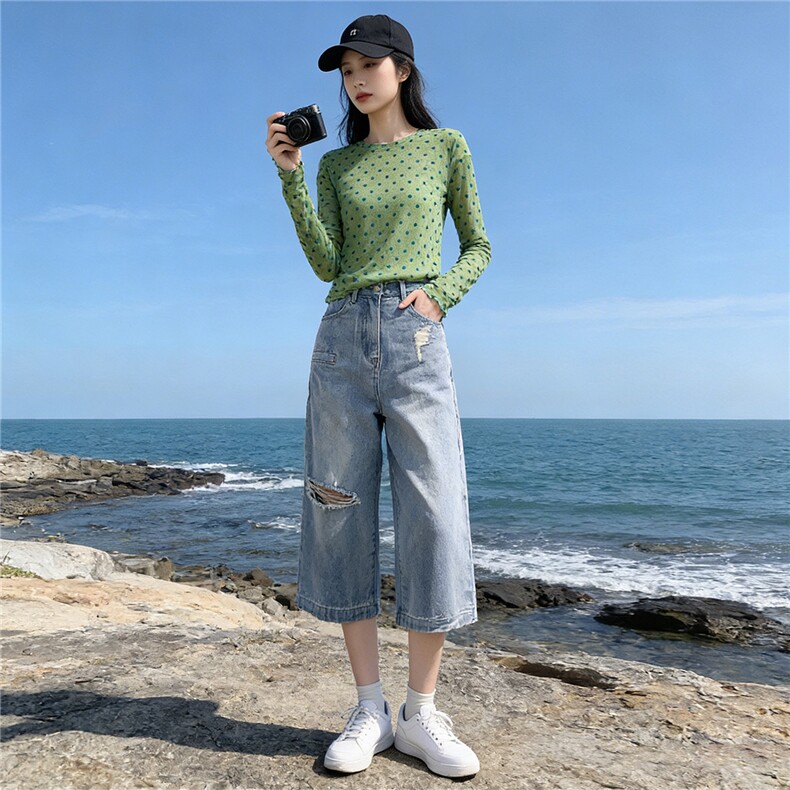 个性时尚套装女夏季新款圆领波点网纱长袖宽松破洞牛仔中裤两件套，女装套装/套裙，江南