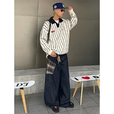 格子拼接弯刀牛仔裤男潮牌痞帅美式复古baggy裤子直筒宽松萝卜裤，男装牛仔裤，星座506A