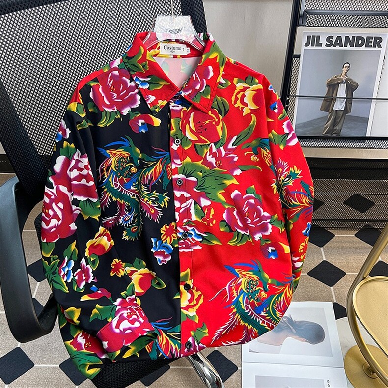 东北大花布拼接衣服衬衫男装长袖2024夏风设计衬衣CY728-P33图片