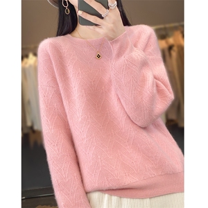 25秋冬新款100%羊毛衫圆领绞花加厚毛衣女宽松慵懒羊绒针织打底衫图片