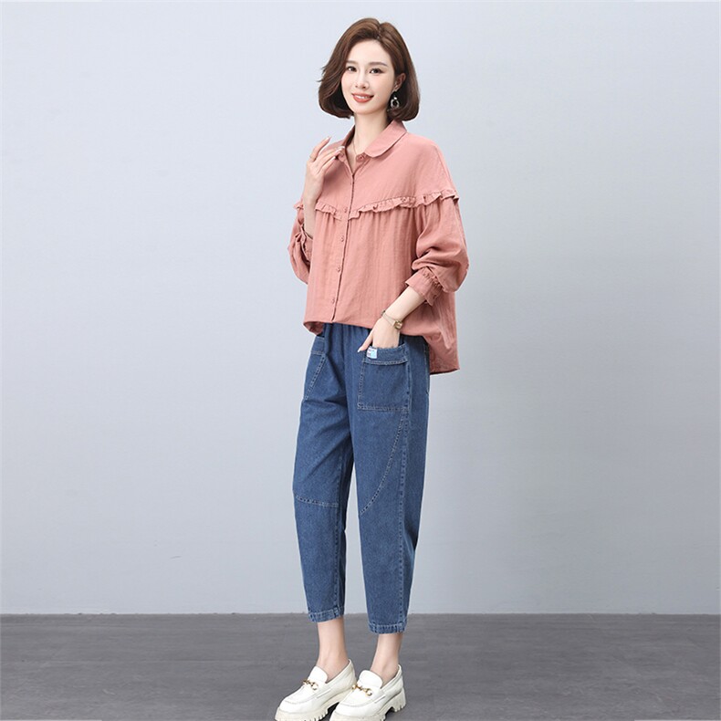 时尚百搭宽松显瘦长袖衬衫牛仔裤套装女秋装新款韩版休闲两件套,女装套装/套裙,叶笙衣