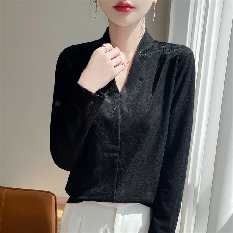 2025春新款衬衣女长袖设计感时尚提花天丝莱塞尔V领宽松长袖上衣，女装衬衫，朝贺羊绒