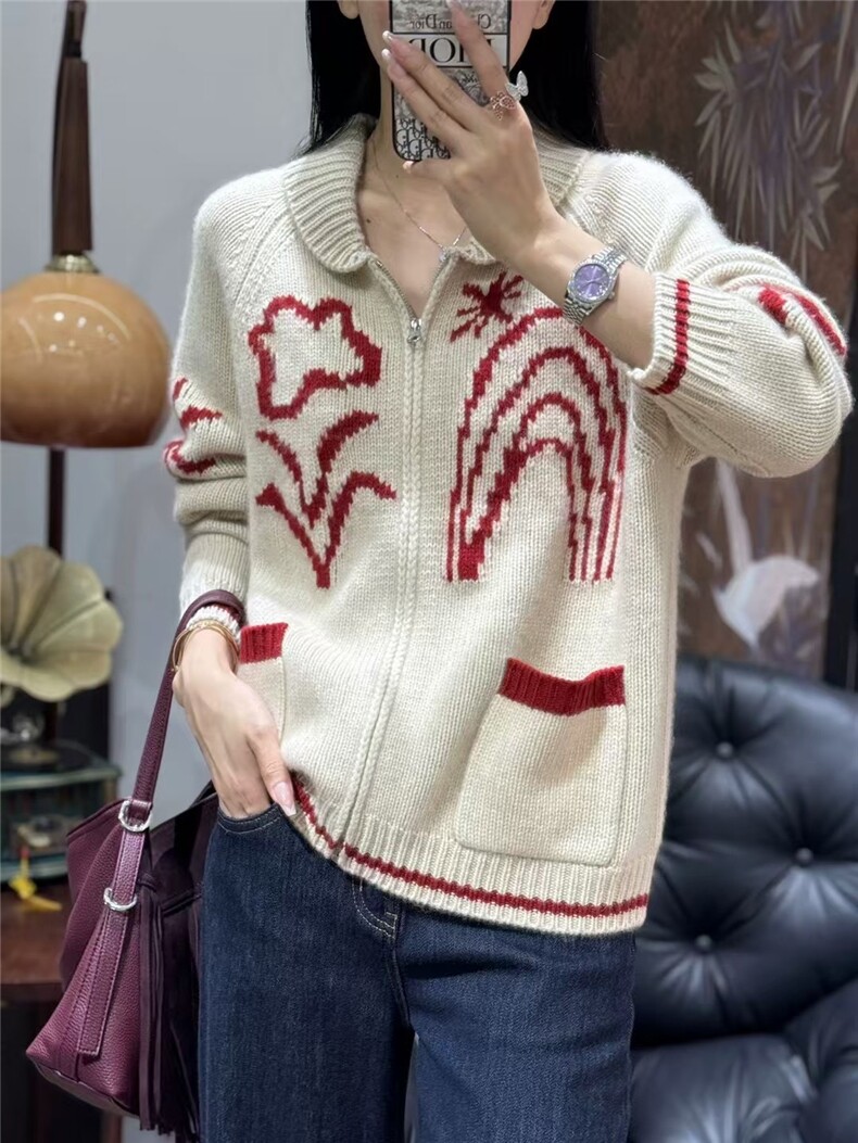 翻领花山开衫2024年秋季长袖时尚气质羊绒衫,女装羊绒衫,大千羊绒