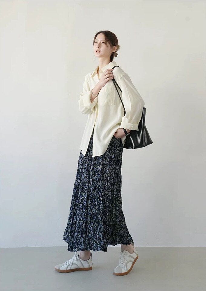 浪漫复古碎花半身裙女春秋高腰显瘦a字裙休闲百搭中长款大摆伞裙,女装半身裙,湘姗