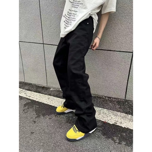 黑色高腰牛仔裤男女款弹力显瘦裤子修身直筒微喇裤美式HK2 P43图片