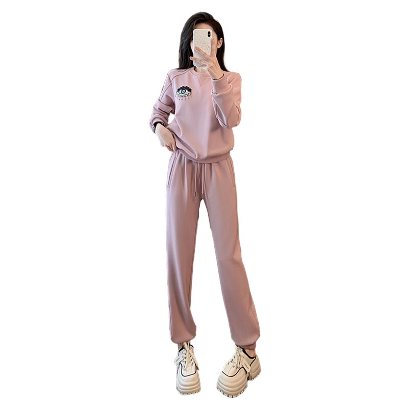冬新款订珠刺绣圆领卫衣卫裤加绒两件套,女装套装/套裙,江南