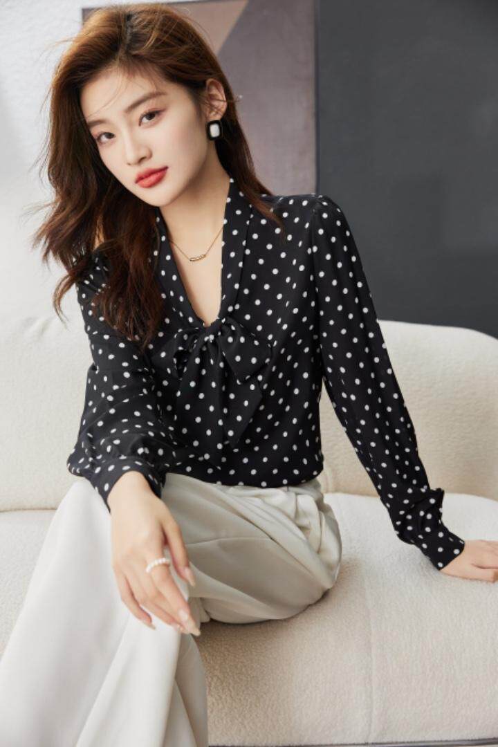 现货波点飘带衬衫M—XXL，女装衬衫，束索