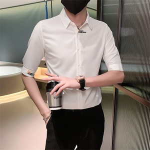 痞帅夏季男经典刺绣中袖衬衫男五分袖寸衣 301A-1/CS361/P55图片