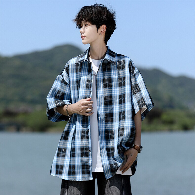 8XL-M格子短袖衬衫男夏季薄款DK制服衬衣JK学院风半袖外套DC28004，男装衬衫，电商B312