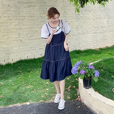 韩系穿搭蓝色拼接吊带连衣裙女夏超火休闲小众漂亮鱼尾假两件裙子，女装连衣裙，浪娴服饰