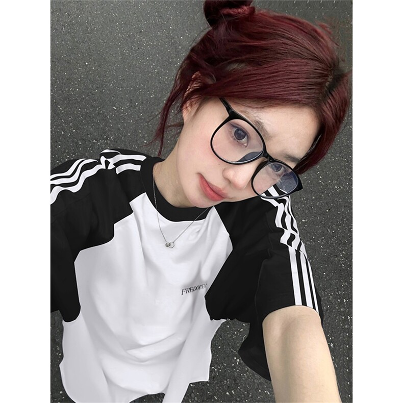 夏季美式高街重磅纯棉三条杠织带插肩撞色男女短袖T恤CZ27-特P25,男装T恤,电商A486