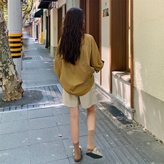 秋季长袖衬衫上衣女设计感小众新款宽松翻领黄色ins韩系纯色衬衣，女装衬衫，梦懿尔