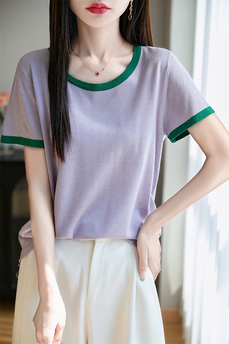 拼色圆领精纺桑蚕丝羊毛针织短袖T恤女夏季新款宽松半袖上衣打底,女装T恤,暖烁特种纱工厂店