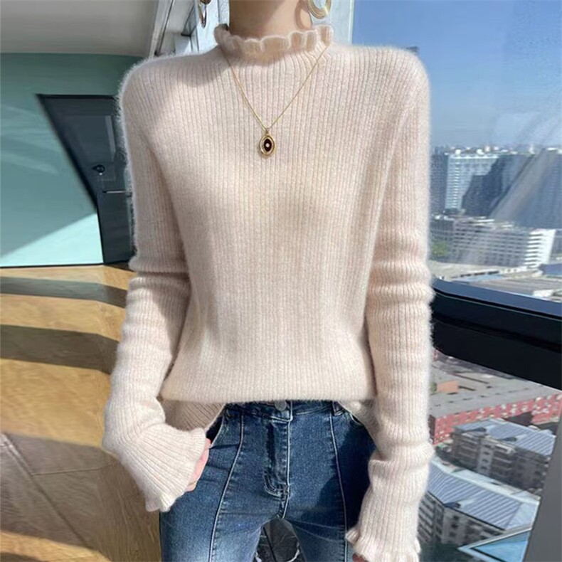 秋冬100%纯羊毛衫女花边半高领长袖坑条针织毛衣羊绒衫内搭打底衫,针织衫/毛衣,萱芳婷羊绒