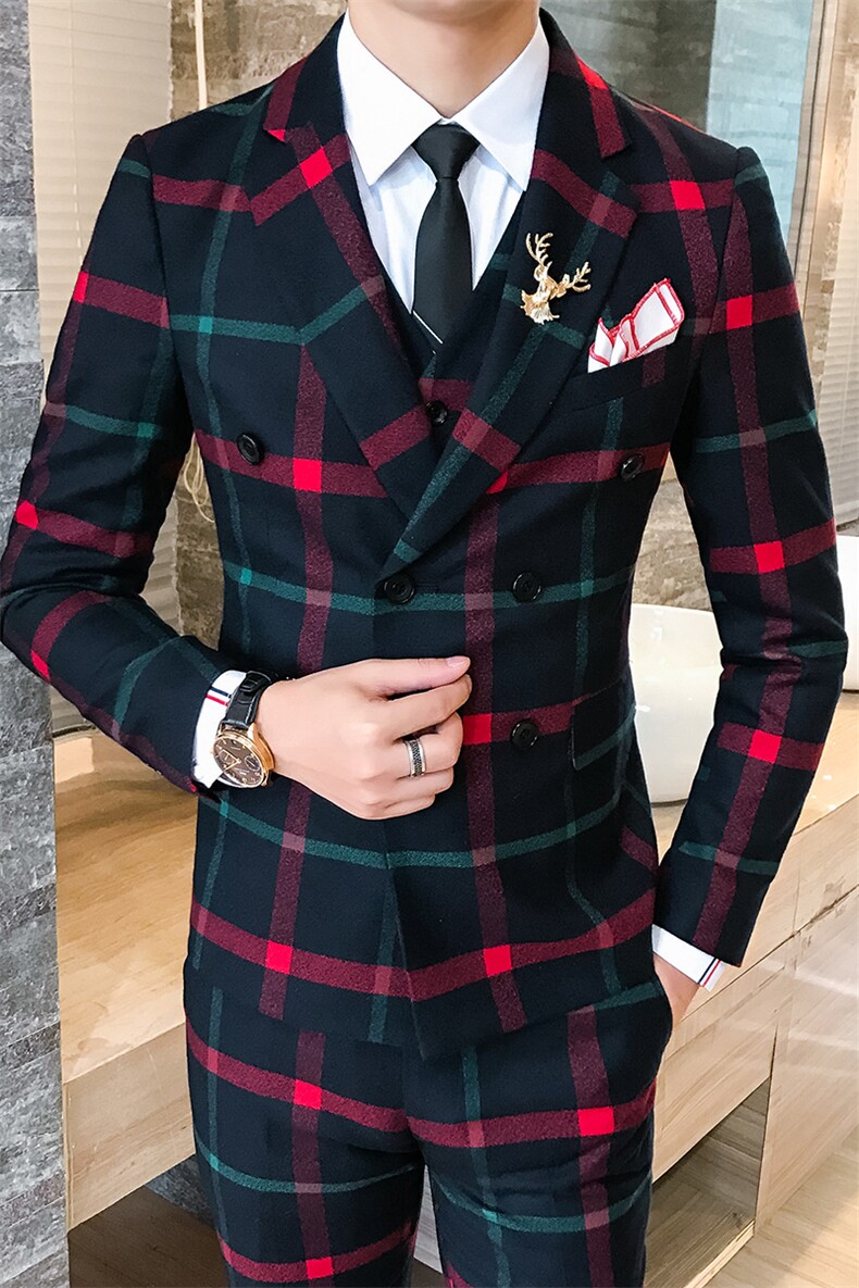 发型师潮男西装三件套韩版修身双排扣格子西服套装A470-TZ06A-270,男装西服套装,电商A207