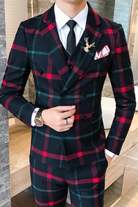 发型师潮男西装三件套韩版修身双排扣格子西服套装A470-TZ06A-270图片