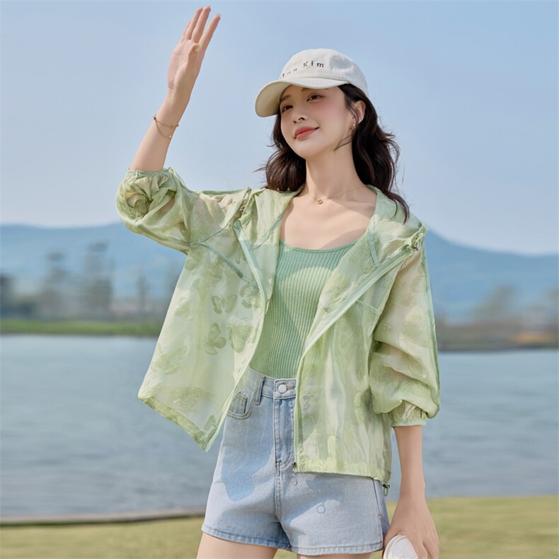 植绒蝴蝶提花轻薄防晒衣女2025夏新款宽松百搭时尚减龄防晒服外套，女装防晒衣，悦祺