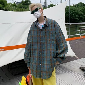 褶皱防晒格子衬衫男秋夏休闲宽松轻薄透气长袖衬衣外套CY469-P43图片