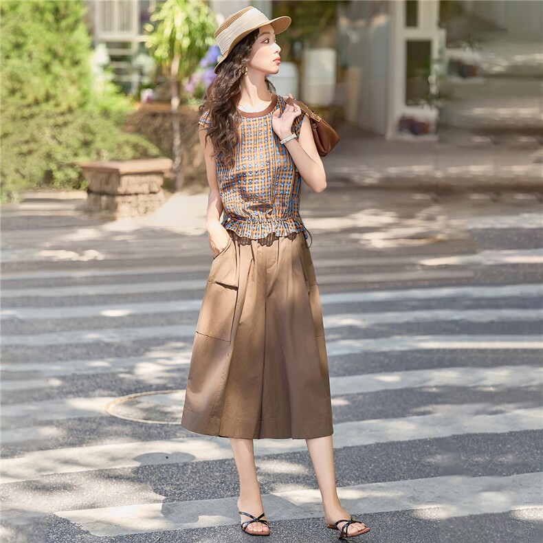 2026年夏季格纹小衫阔腿裤减龄套装两件套女,女装套装/套裙,依路服饰