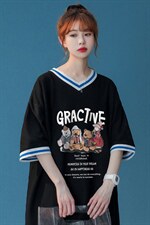 中性春夏新款宽松复古卡通印花撞色螺纹短袖T恤女T6878P40控58，男装T恤，电商A268