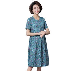 排扣圆领中长款短袖2021年夏季碎花连衣裙A字裙韩版，女装连衣裙，独衣靓