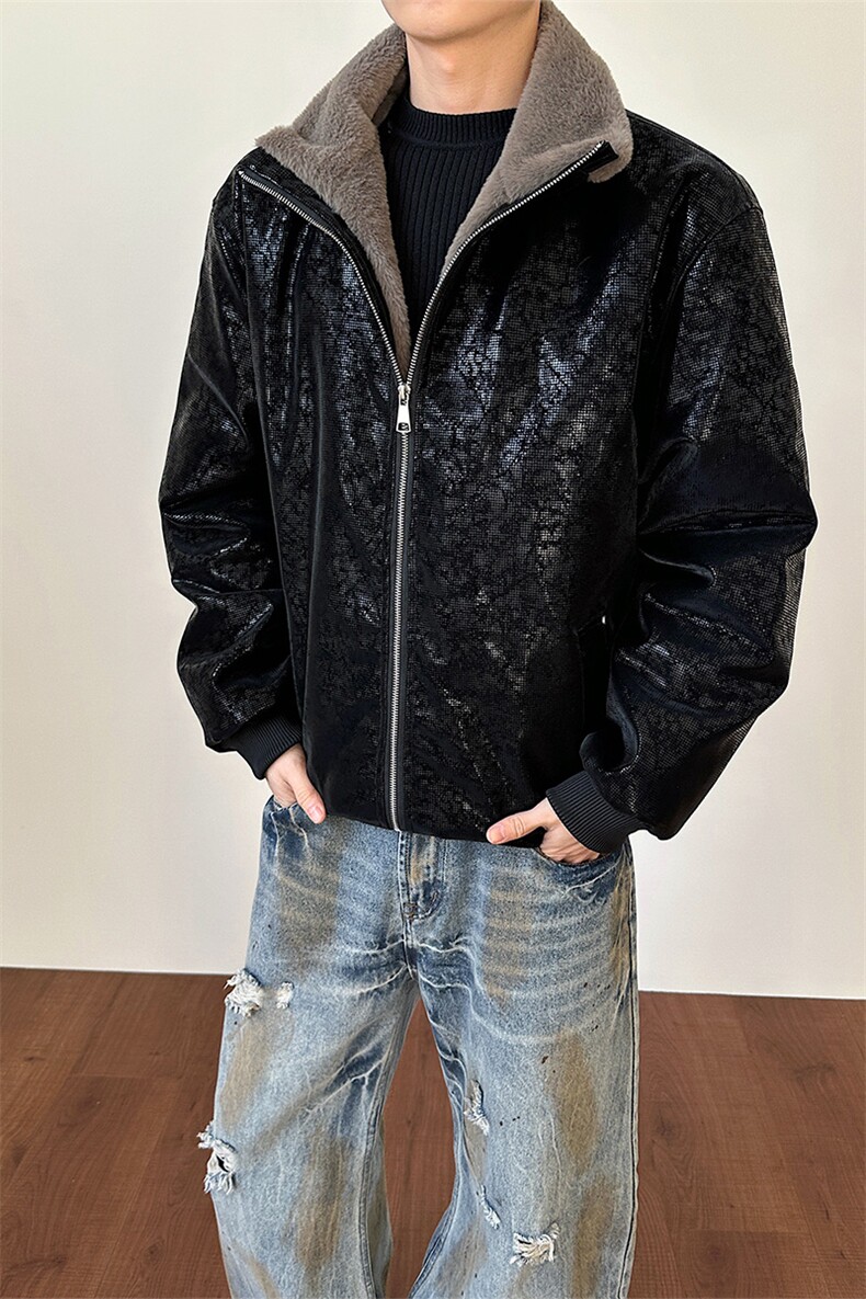 加绒加厚蛇纹亮片棉衣潮牌美式座山雕皮衣男D54135-TP80158,男装皮衣,电商A102